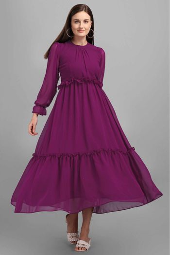 Embroidered Georgette Jacquard Flared Gown in Purple : TGW3886