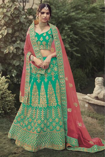 Satin Thread Work Lehenga Choli In Green Colour - LD4900748