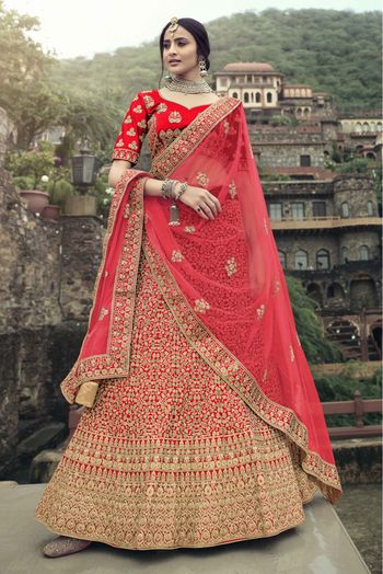 Satin Thread Work Lehenga Choli In Red Colour - LD4900743