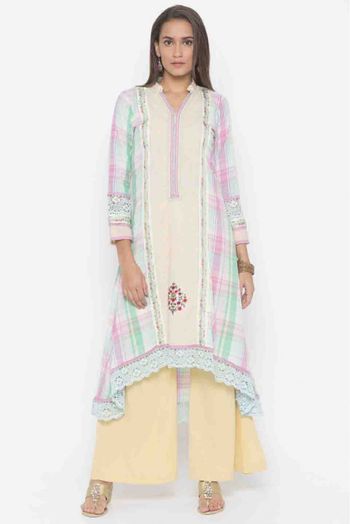 Plus Size Cotton Embroidery Kurti In Cream Colour