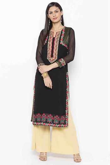 Plus Size Georgette Embroidery Kurti In Black Colour - KR2710527