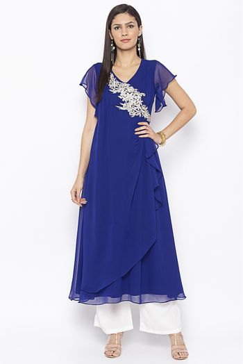 Plus Size Georgette Embroidery Kurti In Blue Colour - KR2710536