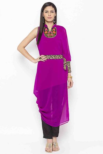 Plus Size Georgette Embroidery Kurti In Magenta Colour