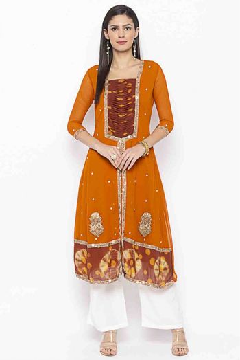 Plus Size Georgette Embroidery Kurti In Mustard Colour - KR2710525