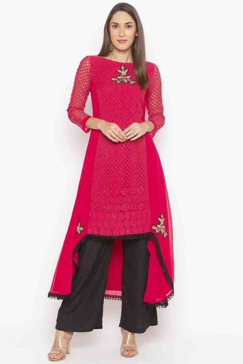 Plus Size Georgette Embroidery Kurti In Pink Colour - KR2710530