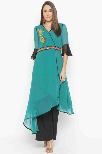 Plus Size Georgette Embroidery Kurti In Rama Green Colour