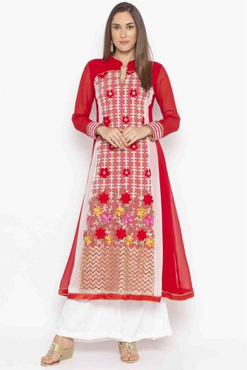 Plus Size Georgette Embroidery Kurti In Red Colour