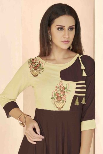 Rayon Embroidery Kurti In Brown Colour - KR1352847