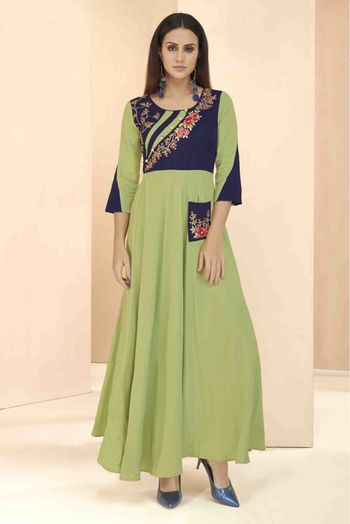 Rayon Embroidery Kurti In Green Colour - KR1352846