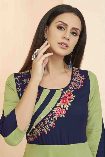 Rayon Embroidery Kurti In Green Colour - KR1352846