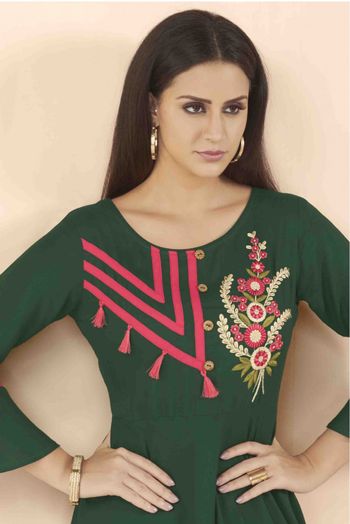 Rayon Embroidery Kurti In Green Colour - KR1352850