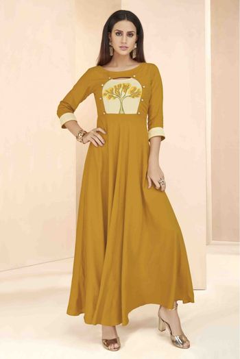 Rayon Embroidery Kurti In Mustard Colour - KR1352848