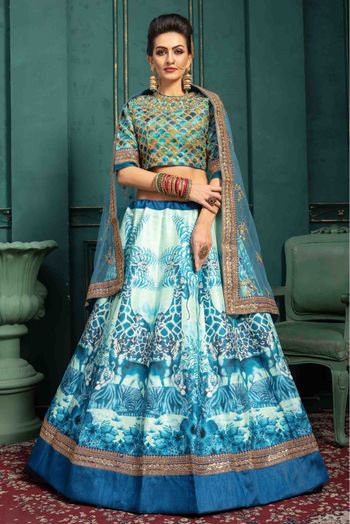 Malbari Silk Embroidery Lehenga Choli In White And Sky Blue Colour