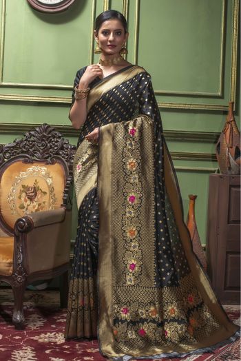 Banarasi Silk Woven Saree In Black Colour - SR1356086