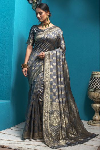Banarasi Silk Woven Saree In Grey Colour - SR1356074