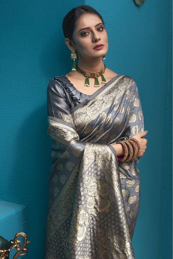 Banarasi Silk Woven Saree In Grey Colour - SR1356074