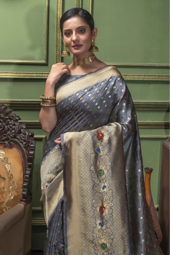 Banarasi Silk Woven Saree In Grey Colour - SR1356088