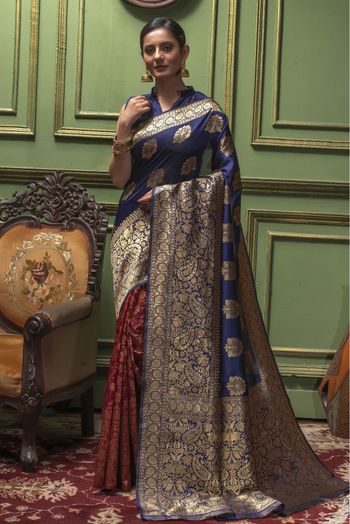 Banarasi Silk Woven Saree In Navy Blue And Red Colour