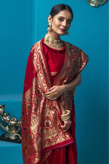 Banarasi Silk Woven Saree In Red Colour - SR1356082