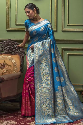 Banarasi Silk Woven Saree In Sky Blue And Pink Colour