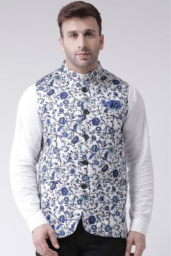 Blend Printed Nehru Jacket In Off White Colour - JK5300215