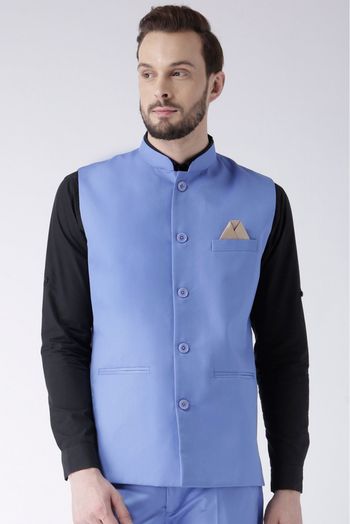 Blend Solid Nehru Jacket In Blue Colour