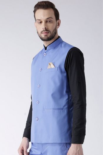 Blend Solid Nehru Jacket In Blue Colour
