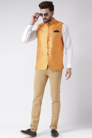 Blend Woven Nehru Jacket In Orange Colour