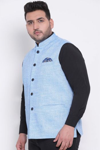 Cotton Linen Solid Nehru Jacket In Blue Colour