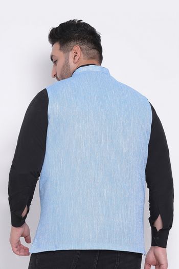 Cotton Linen Solid Nehru Jacket In Blue Colour