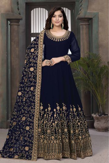 Faux Georgette Embroidery Anarkali Suit In Blue Colour - SM1640625