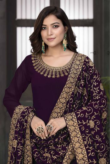 Faux Georgette Embroidery Anarkali Suit In Purple Colour - SM1640624