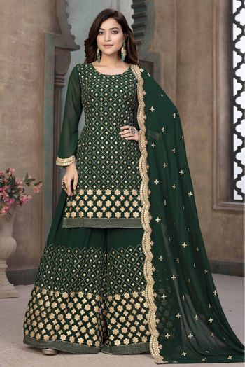 Faux Georgette Embroidery Sharara Suit In Green Colour