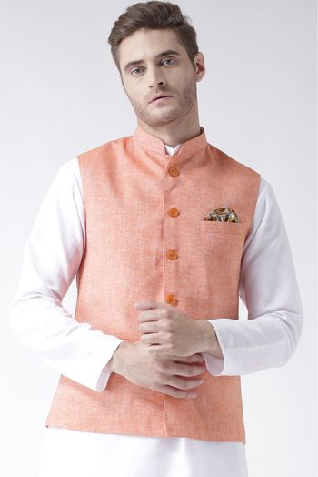 Linen Solid Nehru Jacket In Orange Colour