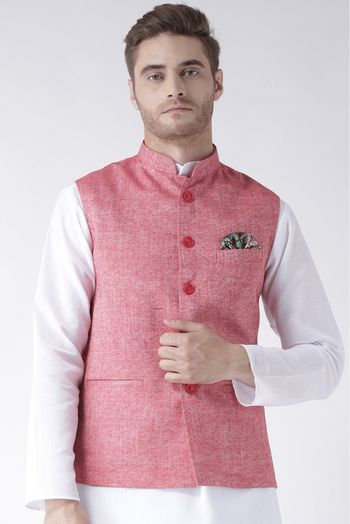 Linen Solid Nehru Jacket In Red Colour