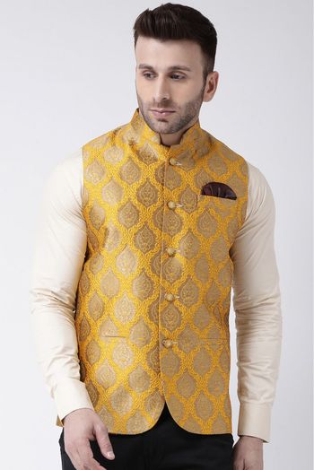 Poly Silk Woven Nehru Jacket In Mustard Colour