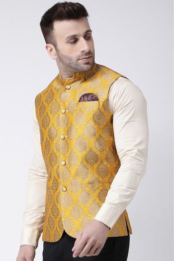 Poly Silk Woven Nehru Jacket In Mustard Colour