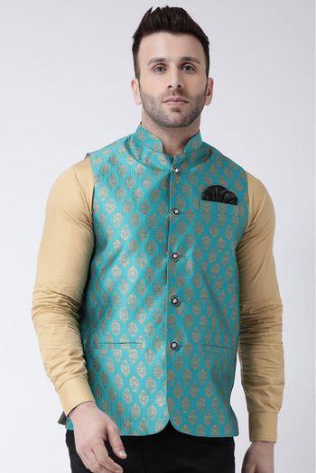 Poly Silk Woven Nehru Jacket In Sea Green Colour