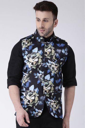 Polyester Viscose Blend Printed Nehru Jacket In Black Colour - JK5300343