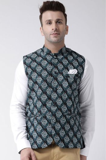 Polyester Viscose Printed Nehru Jacket In Black Colour - JK5300366