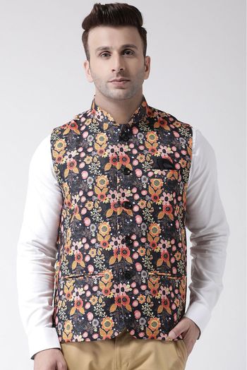 Polyester Viscose Printed Nehru Jacket In Black Colour - JK5300375