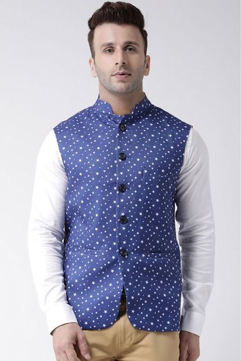 Polyester Viscose Printed Nehru Jacket In Blue Colour - JK5300368