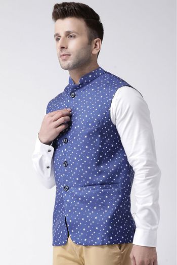 Polyester Viscose Printed Nehru Jacket In Blue Colour - JK5300368