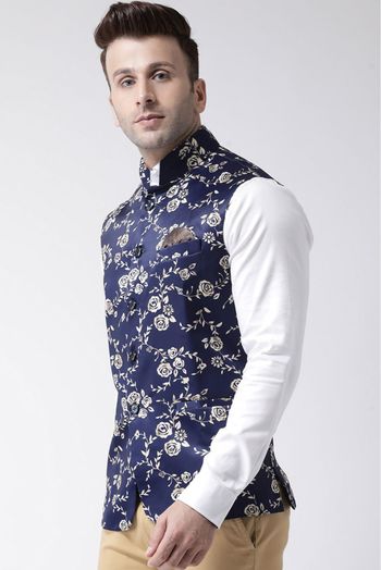 Polyester Viscose Printed Nehru Jacket In Blue Colour - JK5300371