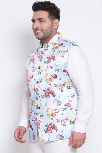 Polyester Viscose Printed Nehru Jacket In Blue Colour - JK5300412