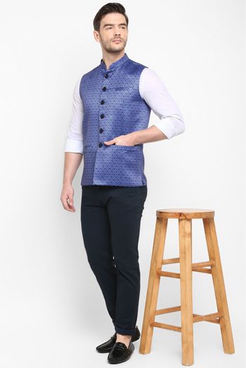 Polyester Viscose Printed Nehru Jacket In Blue Colour - JK5300418