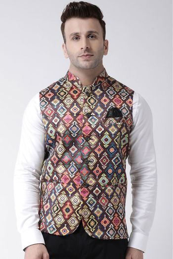 Polyester Viscose Printed Nehru Jacket In Brown Colour - JK5300385