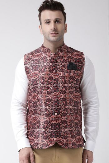 Polyester Viscose Printed Nehru Jacket In Brown Colour - JK5300389