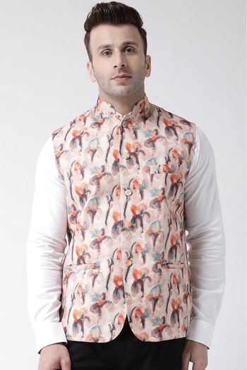 Polyester Viscose Printed Nehru Jacket In Cream Colour