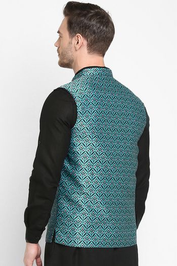 Polyester Viscose Printed Nehru Jacket In Green Colour - JK5300417